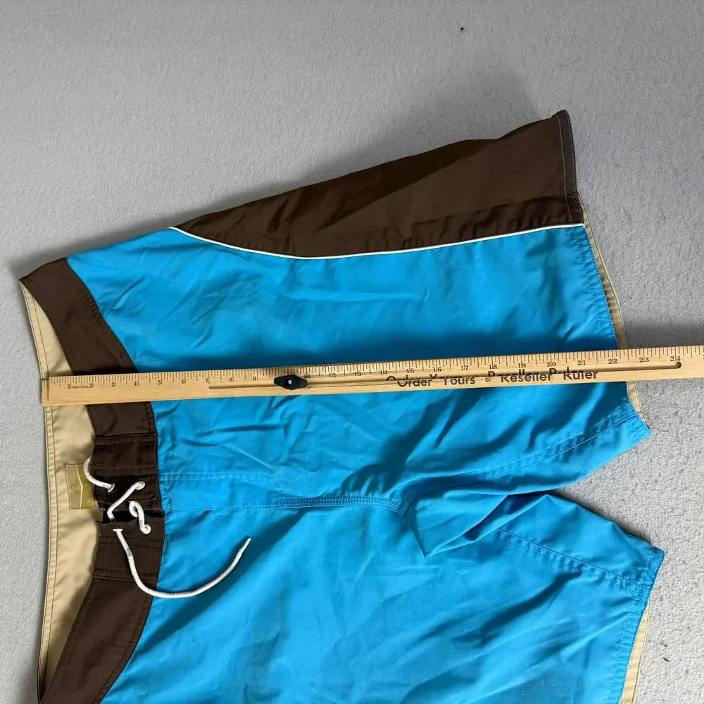 Hobie Men's Board Shorts Blue Brown Tan Colorblock Drawstring Surf Swim Trunks